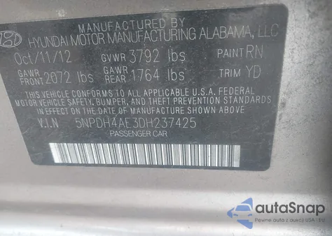 2013 Hyundai Elantra Limited from USA, damaged, VIN 5NPDH4AE3DH237425